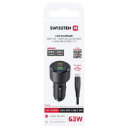 Adaptor Swissten Car Charger USB-C PD + USB-A, 63W + cabel USB-C / USB-C, 1 m
