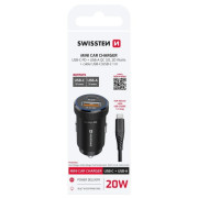 Adaptor Swissten Mini Car Charger USB-C PD + USB-A, 20W + cabel USB-C / USB-C, 1 m