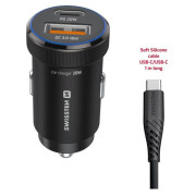 Adaptor Swissten Mini Car Charger USB-C PD + USB-A, 20W + cabel USB-C / USB-C, 1 m