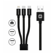 Cablul de încărcare și de date Swissten DATA CABLE TEXTILE 3in1 1,2 M BLACK