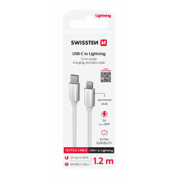 Cablul de încărcare și de date Swissten Textile USB-C / Lightning 1,2 m argintiu stříbrná