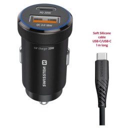 Adaptor Swissten Mini Car Charger USB-C PD + USB-A, 20W + cabel USB-C / USB-C, 1 m
