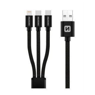 Cablul de încărcare și de date Swissten DATA CABLE TEXTILE 3in1 1,2 M BLACK negru