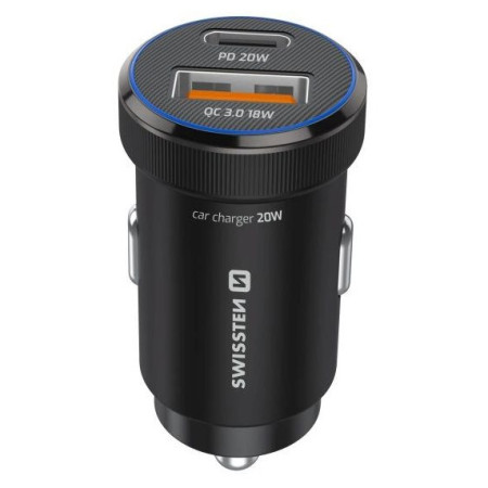 Adaptor Swissten Mini Car Charger USB-C PD + USB-A, 20W + cabel USB-C / USB-C, 1 m