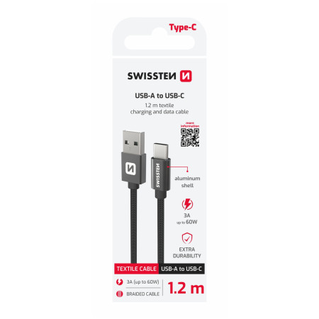 Cablul de încărcare și de date Swissten Textile USB / USB-C 1,2 m negru černá
