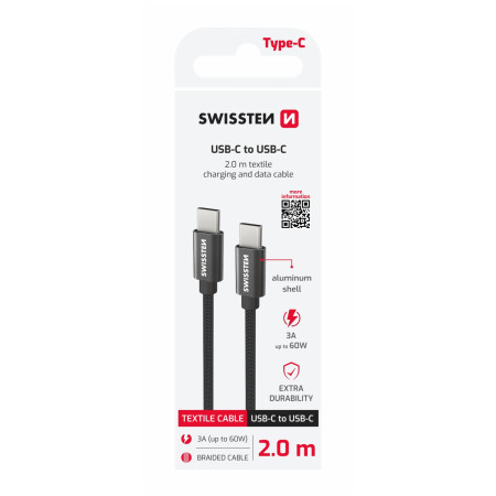 Cablul de încărcare și de date Swissten Textile USB-C / USB-C 2 m negru černá