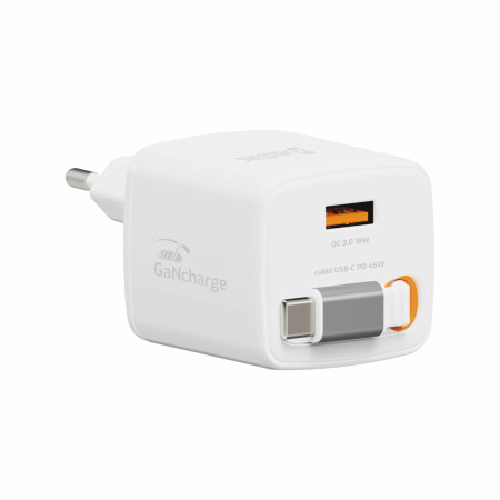 Adaptor Swissten SlideCharge Gan 45W, 1X USB-A 18W + kabel USB-C 0,75 m alb bílá