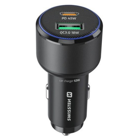 Adaptor Swissten Car Charger USB-C PD + USB-A, 63W + cabel USB-C / USB-C, 1 m