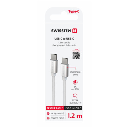 Cablul de încărcare și de date Swissten Textile USB-C / USB-C 1,2 m argintiu stříbrná
