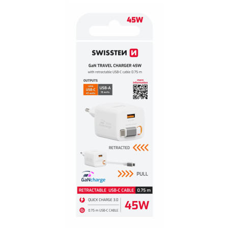 Adaptor Swissten SlideCharge Gan 45W, 1X USB-A 18W + kabel USB-C 0,75 m