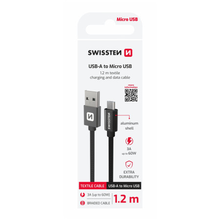 Cablul de încărcare și de date Swissten Textile USB / Micro USB 1,2 m negru černá