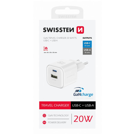 Încărcător Swissten TRAVEL CHARGER GaN 1x USB-C 20W PD AND 1x USB-A 18W QC