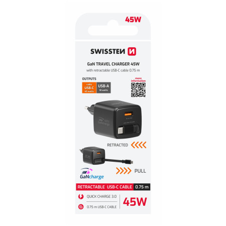 Adaptor Swissten SlideCharge Gan 45W, 1X USB-A 18W + kabel USB-C 0,75 m