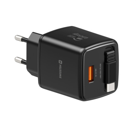 Adaptor Swissten SlideCharge Gan 45W, 1X USB-A 18W + kabel USB-C 0,75 m