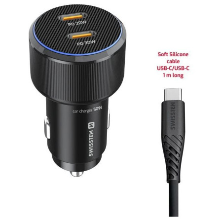 Adaptor Swissten Car Charger 2X USB-C PD, 50W + cabel USB-C / USB-C, 1 m