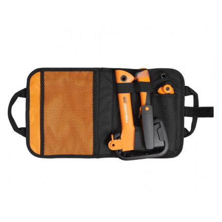 Set de camping Fiskars secheră + cuțit+ferestrău negru/portocaliu