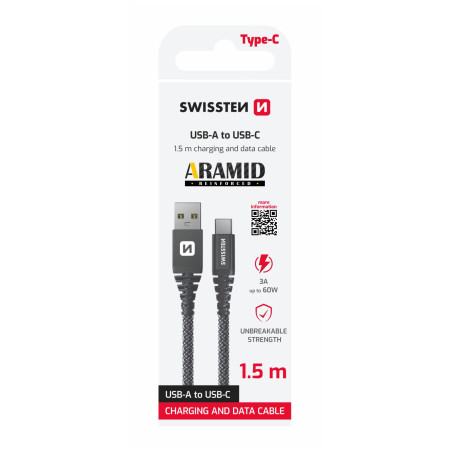Cablul de încărcare și de date Swissten Aramid Reinforced USB/USB-C 1,5 m