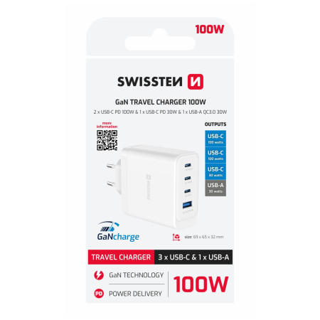Adaptor Swissten GaN 2X USB-C 100W + 1X USB-C 20W + 1X USB-A 30W
