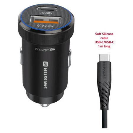 Adaptor Swissten Mini Car Charger USB-C PD + USB-A, 20W + cabel USB-C / USB-C, 1 m