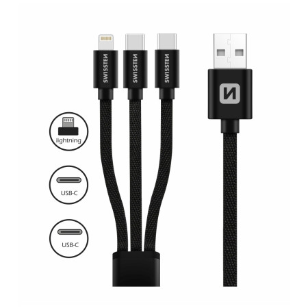 Cablul de încărcare și de date Swissten DATA CABLE TEXTILE 3in1 1,2 M BLACK