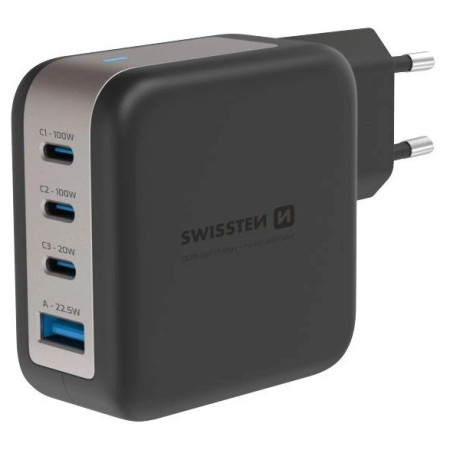 Adaptor Swissten GaN Travel Charger 100W 3X USB-C PD + USB-A