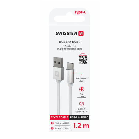 Cablul de încărcare și de date Swissten Textile USB / USB-C 1,2 m argintiu stříbrná