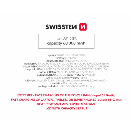 Powerbank Swissten Power Line 60000 mAh 65W