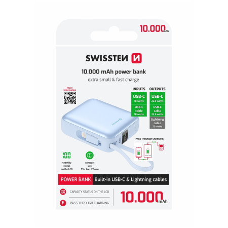 Powerbank Swissten Space 10000 mAh USB-C + Lightning albastru modrá