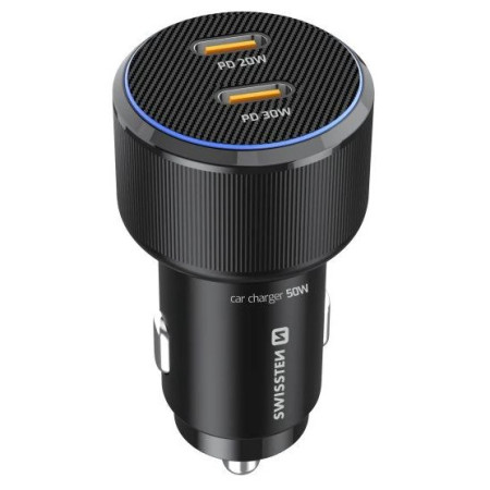 Adaptor Swissten Car Charger 2X USB-C PD, 50W + cabel USB-C / USB-C, 1 m