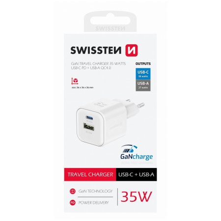 Încărcător Swissten TRAVEL CHARGER GaN 1x USB-C 35W PD + 1x USB-A 27W QC