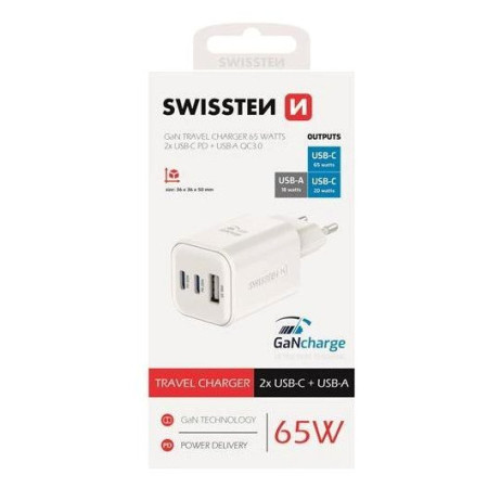 Adaptor Swissten GaN Travel Charger 2X USB -C + USB-A