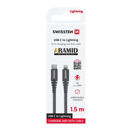 Cablul de încărcare și de date Swissten Aramid Reinforced USB-C/Lightning 1,5 m