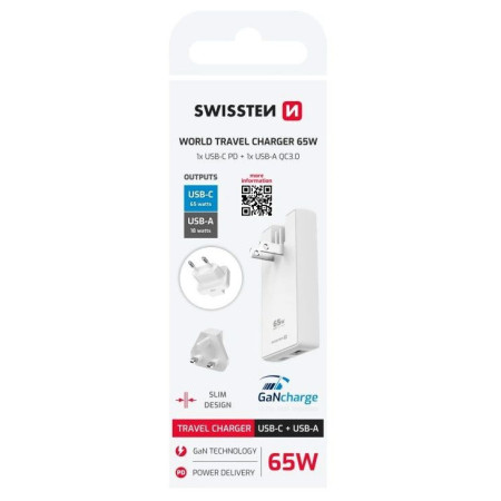 Adaptor Swissten World Travel Charger 65W GaN USB-C + USB-A
