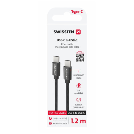 Cablul de încărcare și de date Swissten Textile USB-C / USB-C 1,2 m negru černá