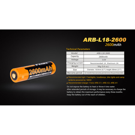 Baterii reînc�rcabile Fenix 18650 2600 mAh (Li-Ion)